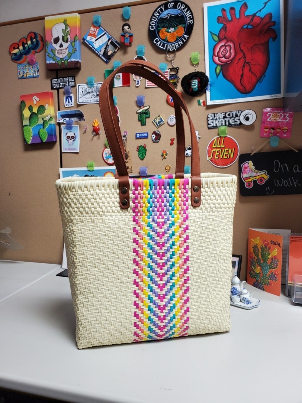 Woven Cream Tote Bag with Colorful Center Weave